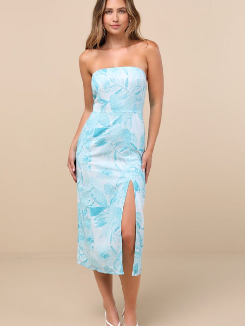 Lulus Lyra Light Blue Leaf Print Strapless Midi Dress - Size L